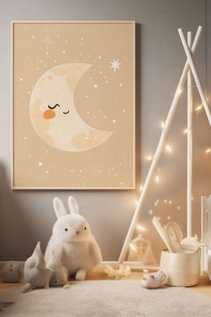 Træt Måne - Børneplakat | Sødt & Beroligende Design