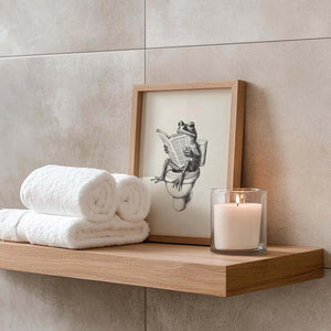 Humor plakat til badeværelset med illustration af en frø, der sidder på toilettet og læser avis i sort-hvid stil.