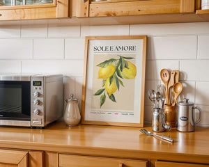 Plakat med citroner og teksten “Sole e Amore” i italiensk vintage-stil – inspireret af Amalfi og Estate Italiana.