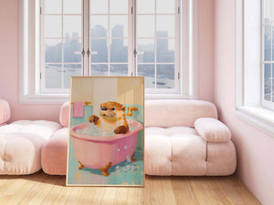 Illustration af sød odder i lyserødt badekar med bobler, perfekt som humoristisk plakat til badeværelset.