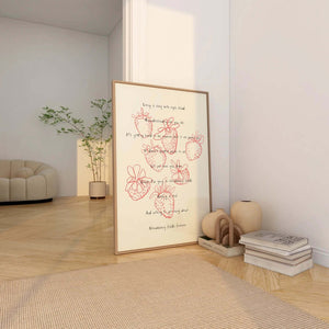 Plakat med håndtegnede røde jordbær og poetisk tekst på lys baggrund i roligt kunstnerisk udtryk