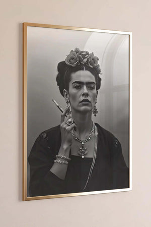 Smoking Icon – Frida Kahlo Plakat i sort-hvid med ikonisk portræt af Frida Kahlo med cigaret. Kunstplakat med stærk attitude til boligindretning