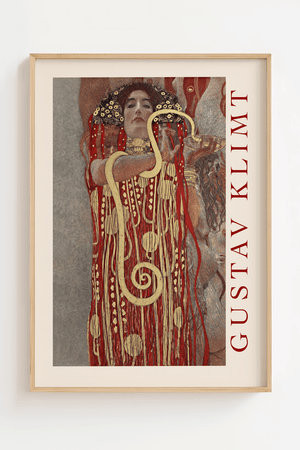 Hygieia plakat – Gustav Klimt kunstplakat med rød kjole og gyldne ornamenter