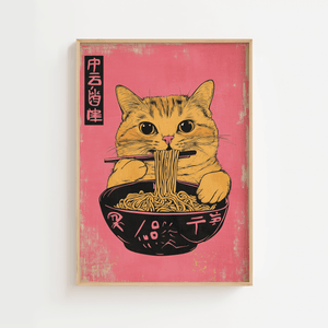 Japansk plakat med kat der spiser ramen nudler i farverig japansk illustration.