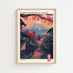 Japansk landskab plakat med Mount Fuji, kirsebærtræer og traditionel japansk gade ved solopgang.