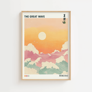 Japansk bølge plakat med solnedgang og havbølger inspireret af klassisk japansk kunst.