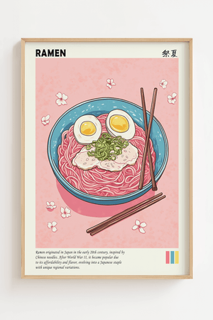 Japansk ramen plakat med ramen nudler, æg og spisepinde i farverig japansk madillustration.