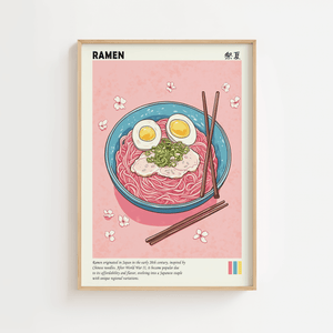 Japansk ramen plakat med ramen nudler, æg og spisepinde i farverig japansk madillustration.
