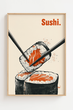 Sushi plakat med spisepinde og minimalistisk sushi illustration