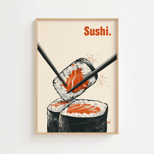 Sushi plakat med spisepinde og minimalistisk sushi illustration