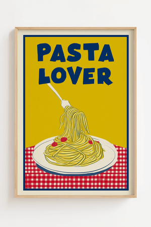 Pasta Lover plakat med grafisk pasta illustration og typografi