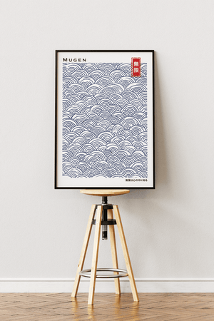 Japansk bølgemønster plakat med blå Seigaiha inspirerede bølger i minimalistisk stil.