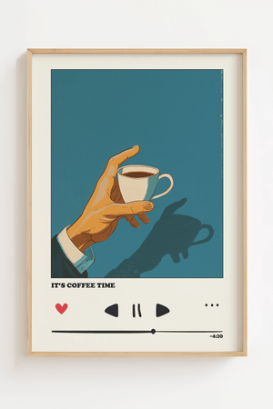 Coffee Time plakat med minimalistisk illustration af hånd og kaffekop