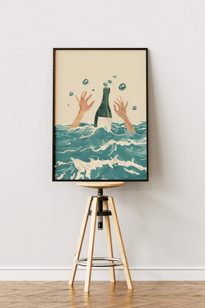 Champagne plakat med champagneflaske i bølger og grafisk illustration