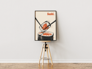 Sushi plakat med spisepinde og minimalistisk sushi illustration