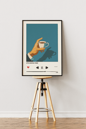 Coffee Time plakat med minimalistisk illustration af hånd og kaffekop