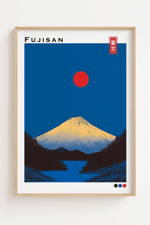 Japansk plakat med Mount Fuji og rød sol i minimalistisk japansk landskabsstil.