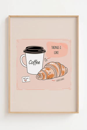 Coffee og croissant plakat med hyggelig café illustration