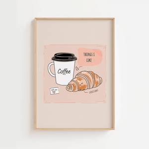 Coffee og croissant plakat med hyggelig café illustration