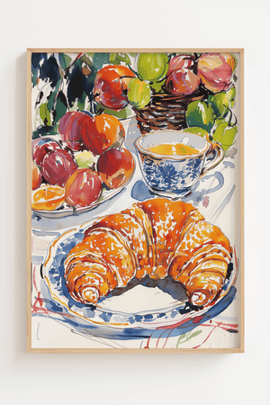 French breakfast plakat med croissant, te og frugt illustration