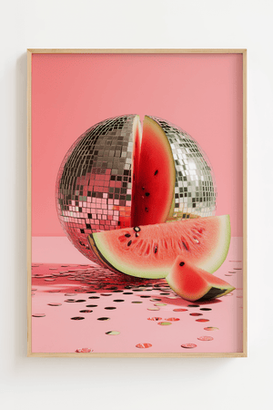 vandmelon plakat med diskokugle og lyserød baggrund