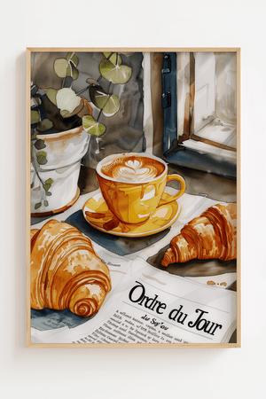 Paris café morning plakat med croissanter og kaffe på cafébord