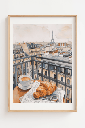 Paris breakfast plakat med croissant, kaffe og udsigt til Eiffeltårnet
