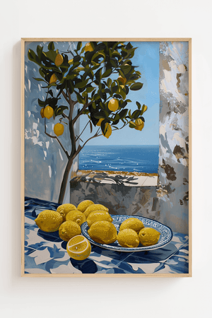 citron plakat med citrontræ og havudsigt i middelhavsstil