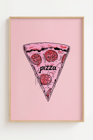 pizza plakat med pizzastykke illustration på lyserød baggrund