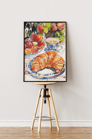 French breakfast plakat med croissant, te og frugt illustration