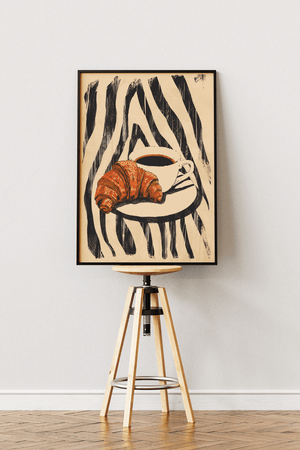 Zebra breakfast plakat med croissant og kaffe illustration
