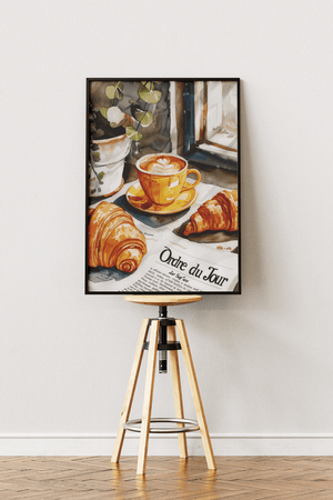 Paris café morning plakat med croissanter og kaffe på cafébord