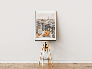 Paris breakfast plakat med croissant, kaffe og udsigt til Eiffeltårnet
