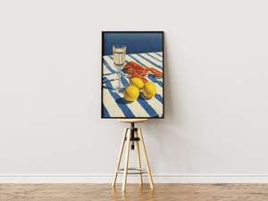 Mediterranean lunch plakat med hummer, citroner og champagne ved havet