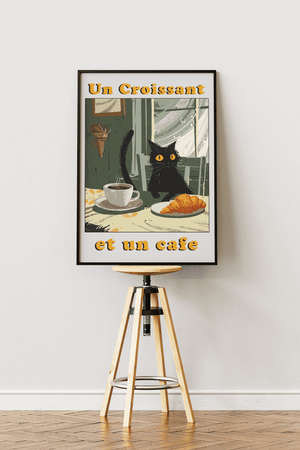 Croissant cat café plakat med kat, kaffe og croissant illustration