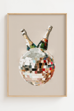 Champagne disco plakat med diskokugle og champagneflasker