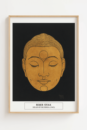 Buddha plakat med gyldent ansigt på mørk baggrund – spirituel vægdekoration