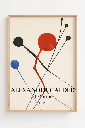 Alexander Calder Airborne 1969 plakat med abstrakt kunst i rød, blå og sort