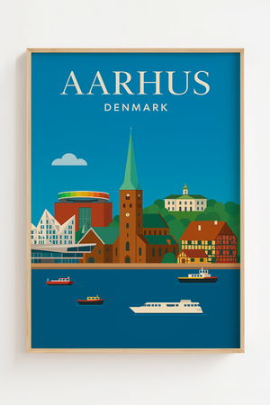 Aarhus skyline plakat med Domkirken, Aros regnbue, havnen og Den Gamle By i grafisk design.
