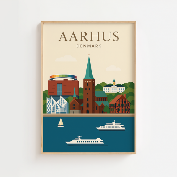 Aarhus plakat med havnefronten, Aarhus Domkirke, Aros regnbuen og moderne bygninger. Farverig byplakat i minimalistisk design.