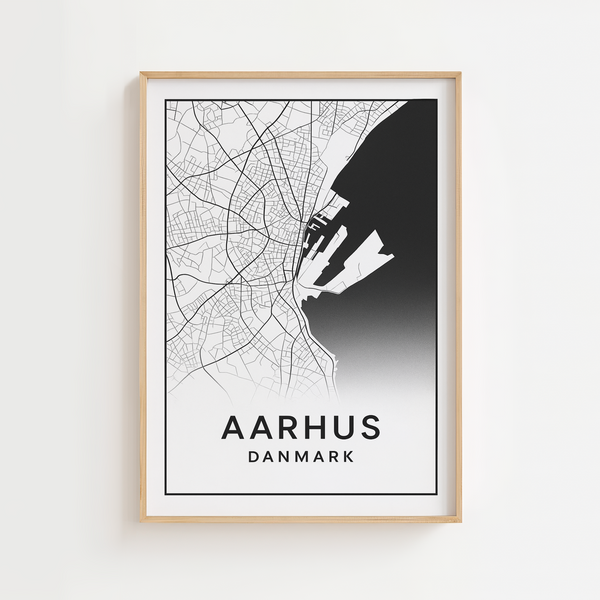 Sort/hvid Aarhus havn kortplakat med detaljeret kortdesign. Moderne og minimalistisk byplakat til boligindretning eller gave.