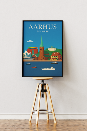 Aarhus skyline plakat med Domkirken, Aros regnbue, havnen og Den Gamle By i grafisk design.