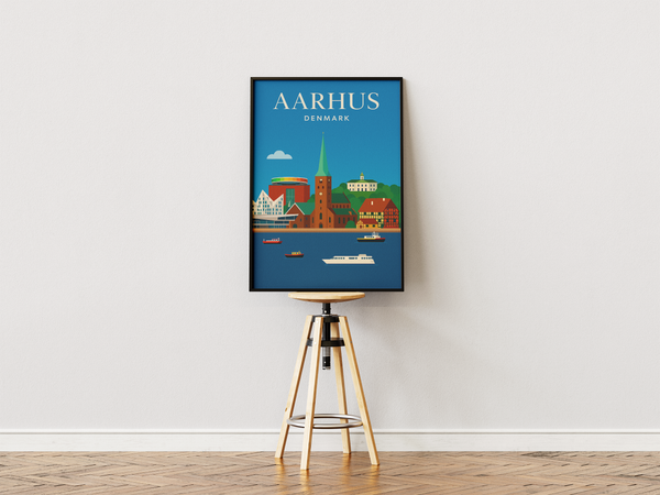 Aarhus skyline plakat med Domkirken, Aros regnbue, havnen og Den Gamle By i grafisk design.