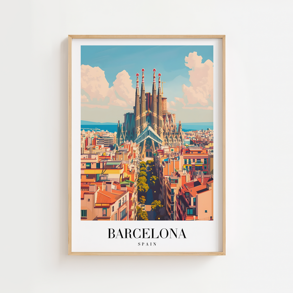 Barcelona Spanien byplakat med ikoniske Sagrada Família og farverig byudsigt.