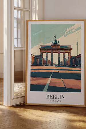 Berlin plakat med Brandenburger Tor og skyline – moderne byplakat fra Tyskland.