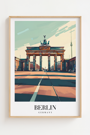 Berlin plakat med Brandenburger Tor og skyline – moderne byplakat fra Tyskland.