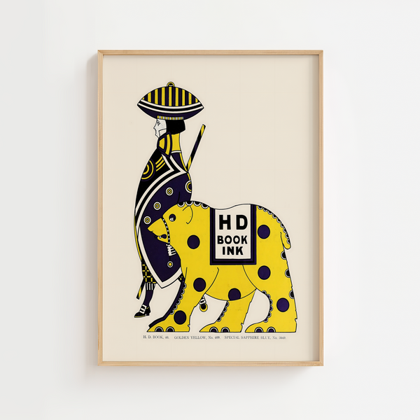 HD Book Ink vintage plakat med grafisk figur og gul bjørn i blå prikker – retro reklameplakat i gule og blå farver.