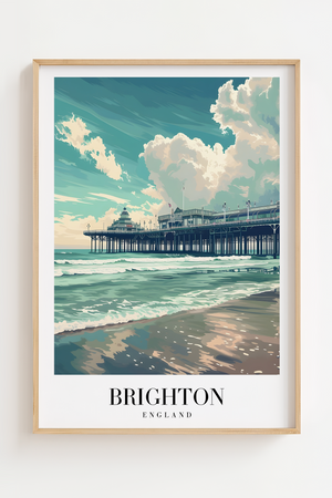 Brighton byplakat med Brighton Pier og havets bølger i blå nuancer.