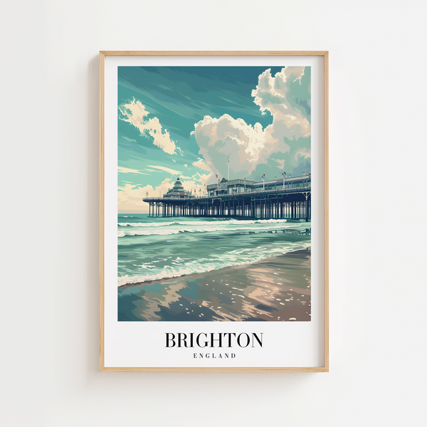 Brighton byplakat med Brighton Pier og havets bølger i blå nuancer.