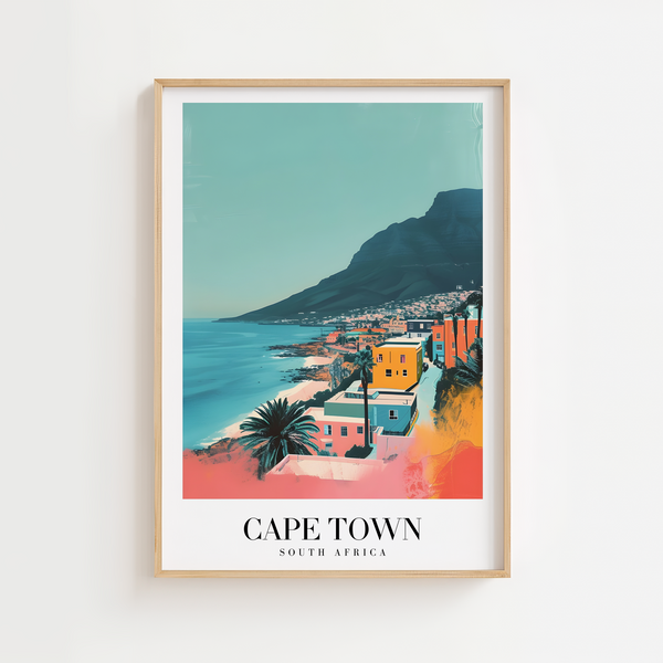 Cape Town Sydafrika byplakat med Table Mountain, kystlinje og farverige huse.